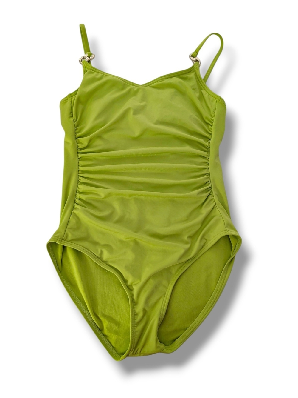 Michael Kors Lime Green Ruched One-Piece Swimsuit W/ Gold Hardware, Size 10